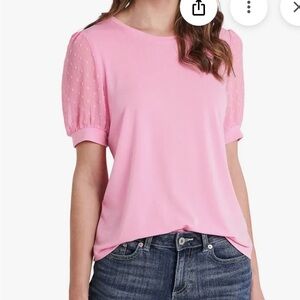CeCe Pink Short Sleeve Top with swiss dot sleeves